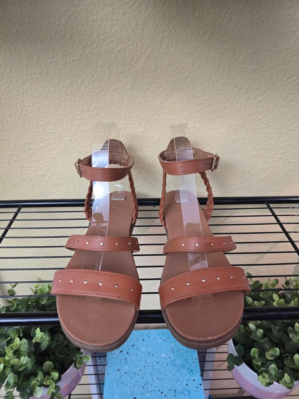 Report Studded Brown Flat Braided Strap Sandals Size 6M